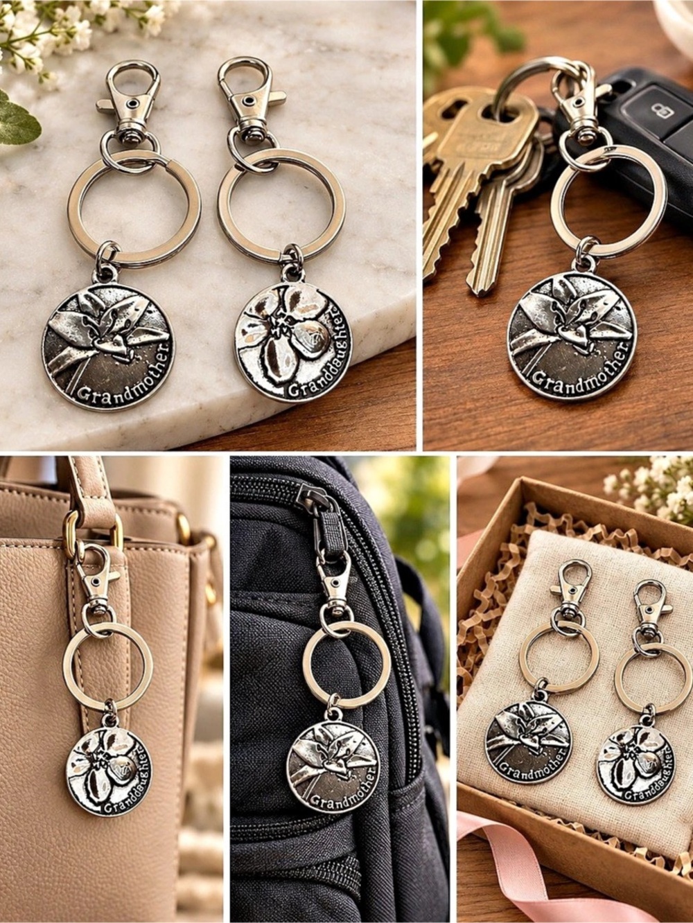 Set of 2 Silver tone Grandmother Keychain Charms